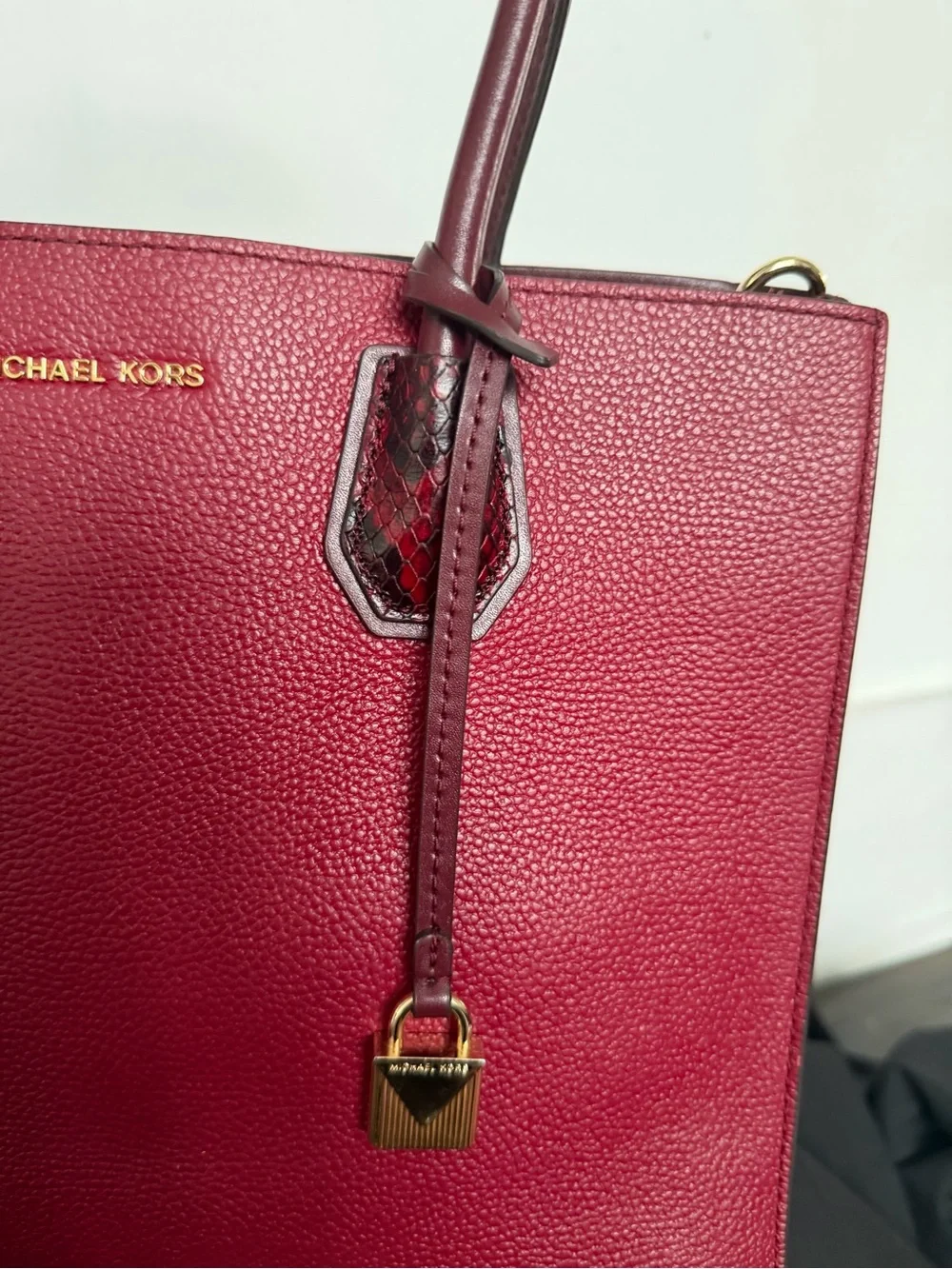 Well loved Michael Kors Burgundy Leather Tote with Snake-Print Wallet